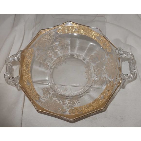 Cambridge Etched Glass Plate Elaine Pattern Brushed Gold Trim Handled - Picture 1 of 5